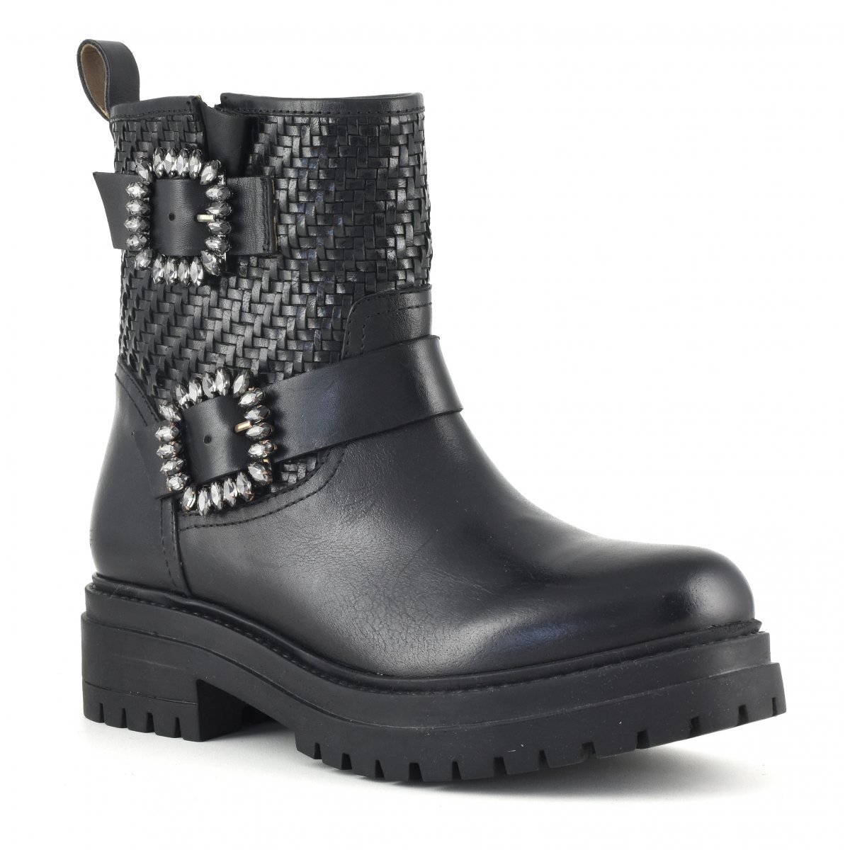 Biker boot basso in pelle intrecciata