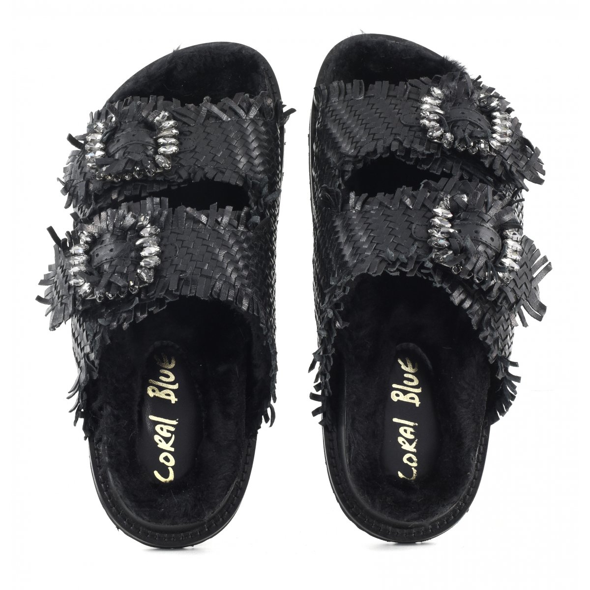 Slipper fibbia gioiello con fodera in pelliccia sintetica