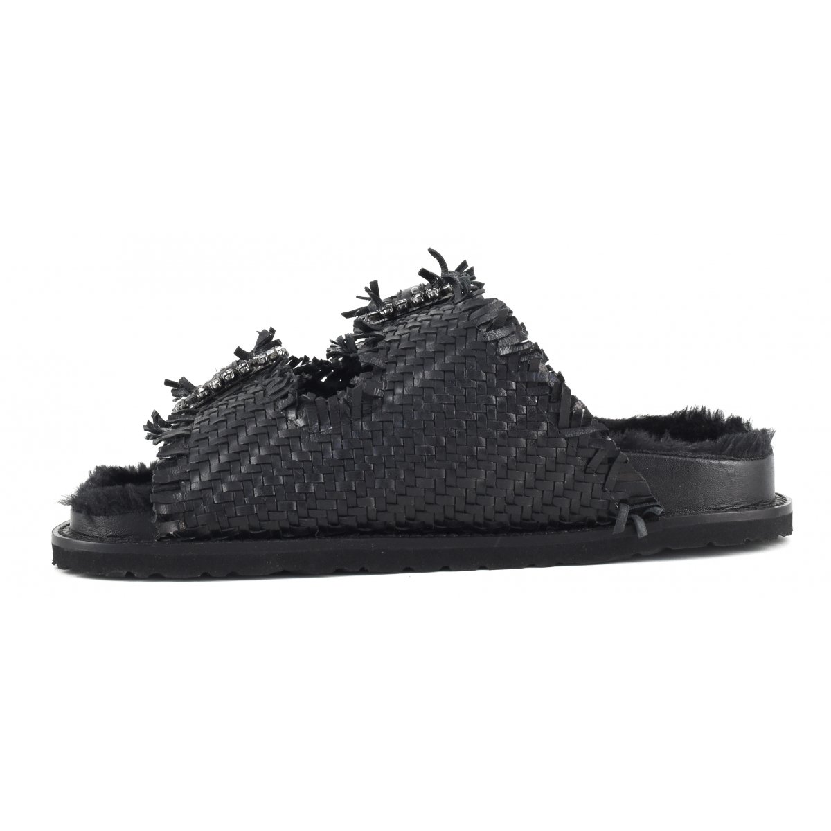 Slipper fibbia gioiello con fodera in pelliccia sintetica