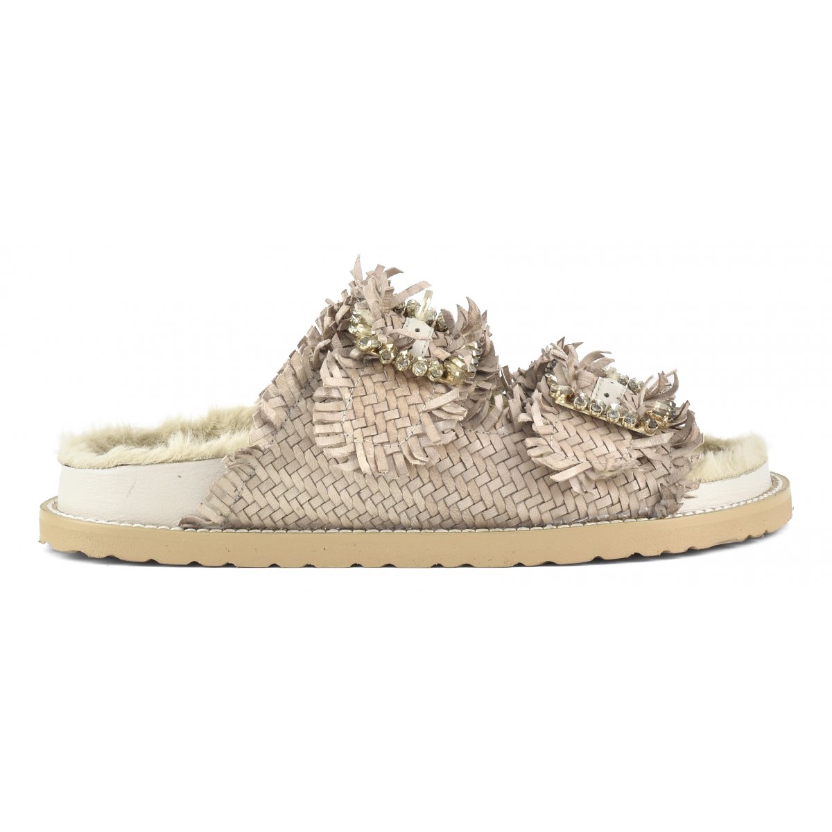 Slipper fibbia gioiello con fodera in pelliccia sintetica