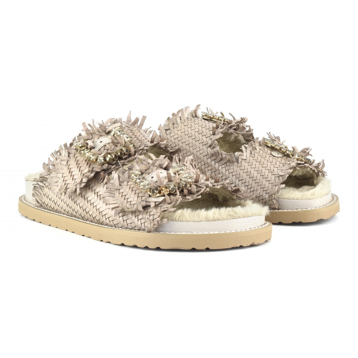 Slipper fibbia gioiello con fodera in pelliccia sintetica