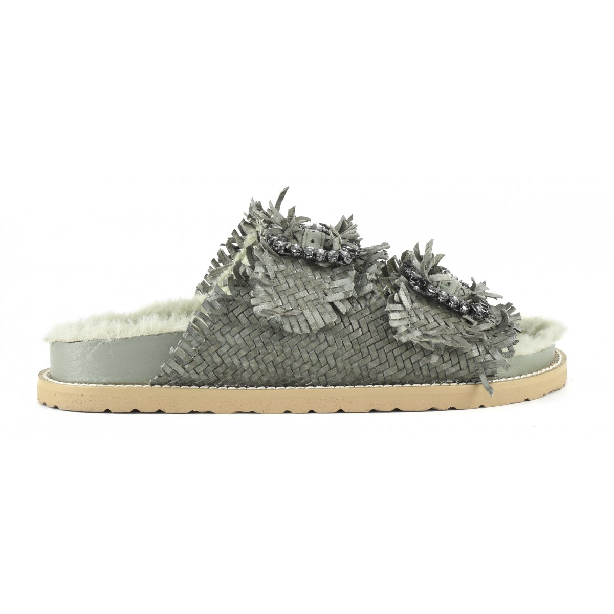 Slipper fibbia gioiello con fodera in pelliccia sintetica