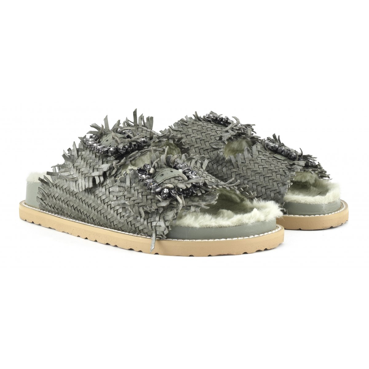 Slipper fibbia gioiello con fodera in pelliccia sintetica