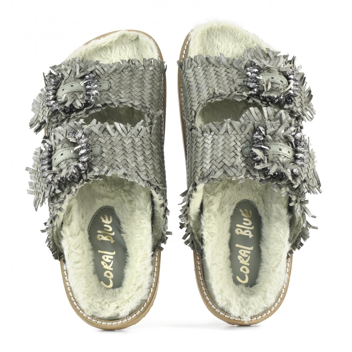 Slipper fibbia gioiello con fodera in pelliccia sintetica