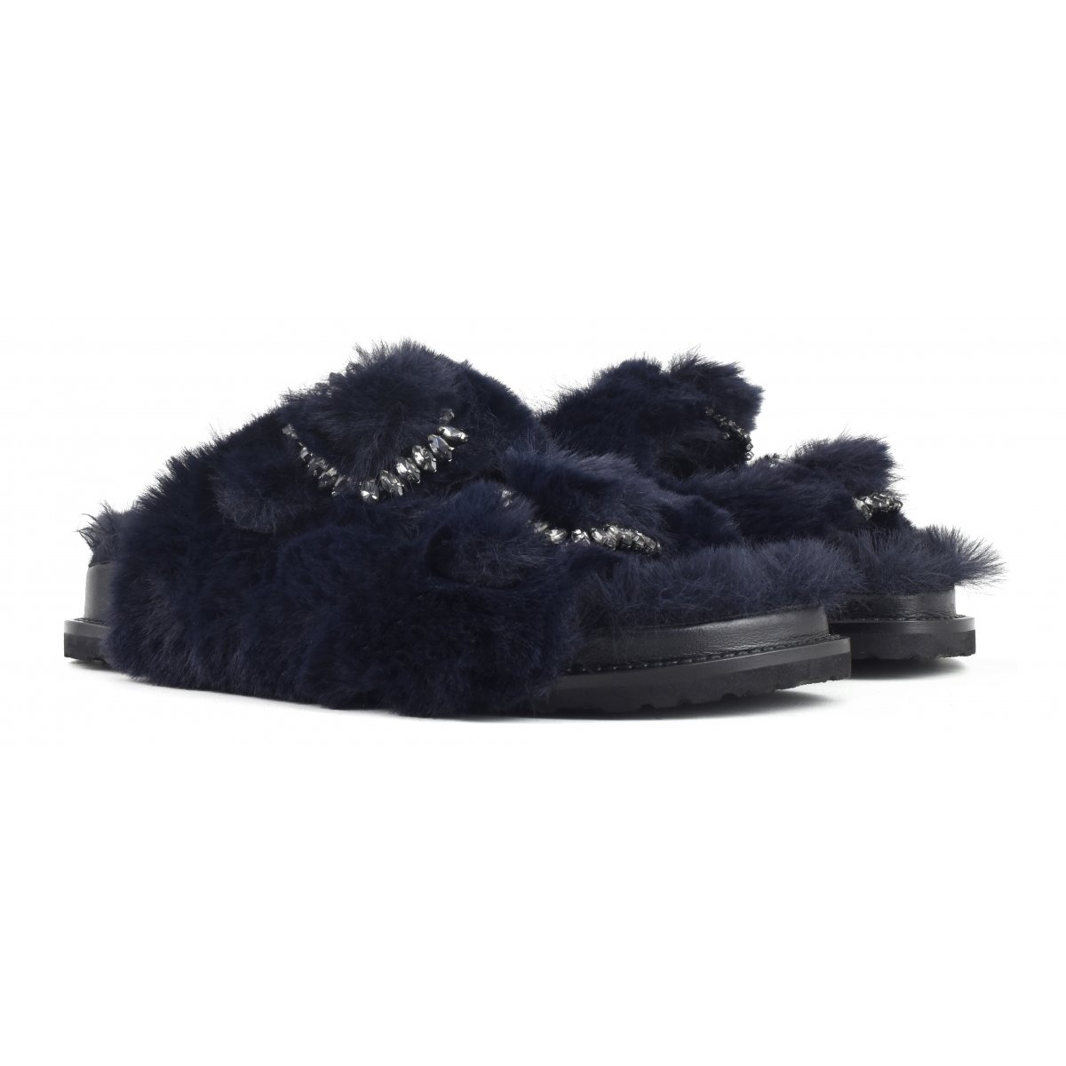 Slipper fibbia gioiello in pelliccia sintetica