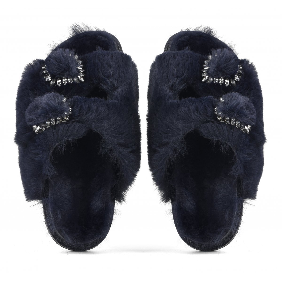 Slipper fibbia gioiello in pelliccia sintetica