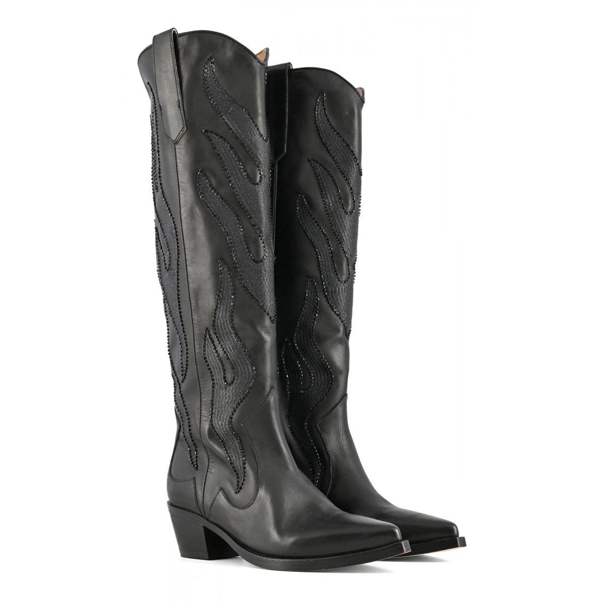 Stivale texano alto con ricami fiamma