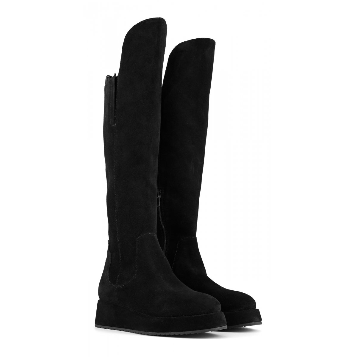 Stivale al ginocchio in pelle scamosciata con zeppa