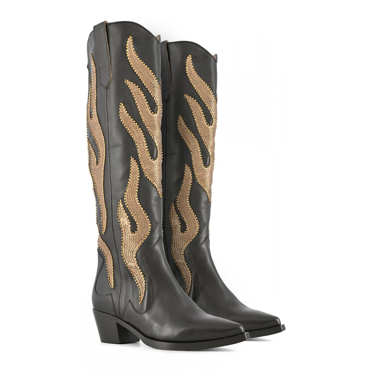 Stivale texano alto con ricami fiamma