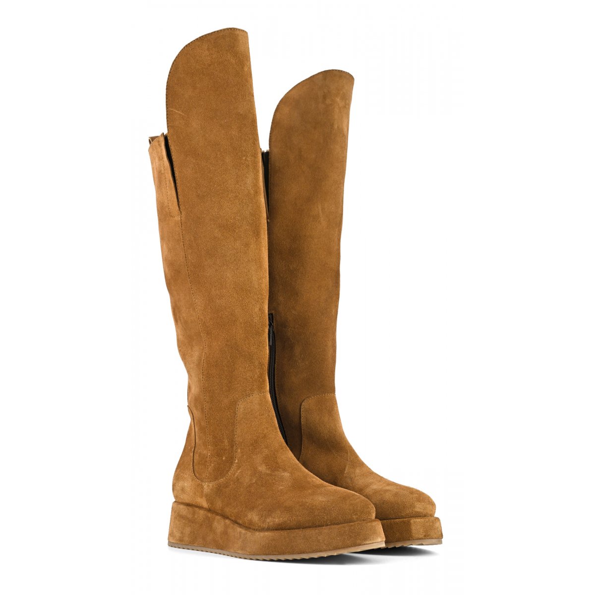 Stivale al ginocchio in pelle scamosciata con zeppa