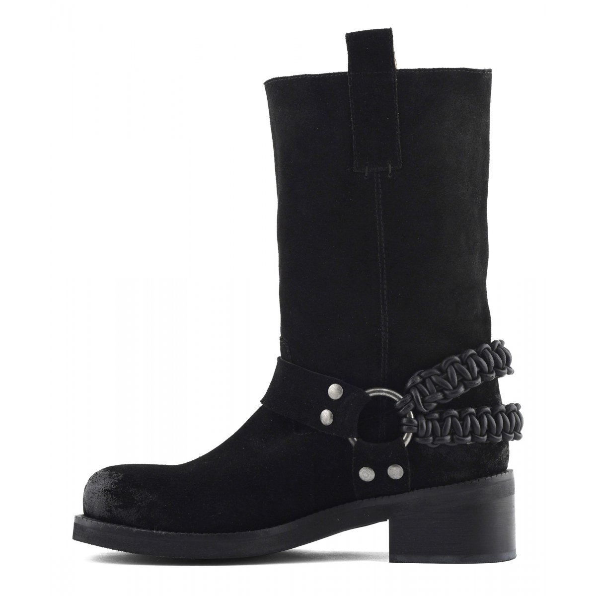 Stivale biker con cinturino in pelle intrecciata