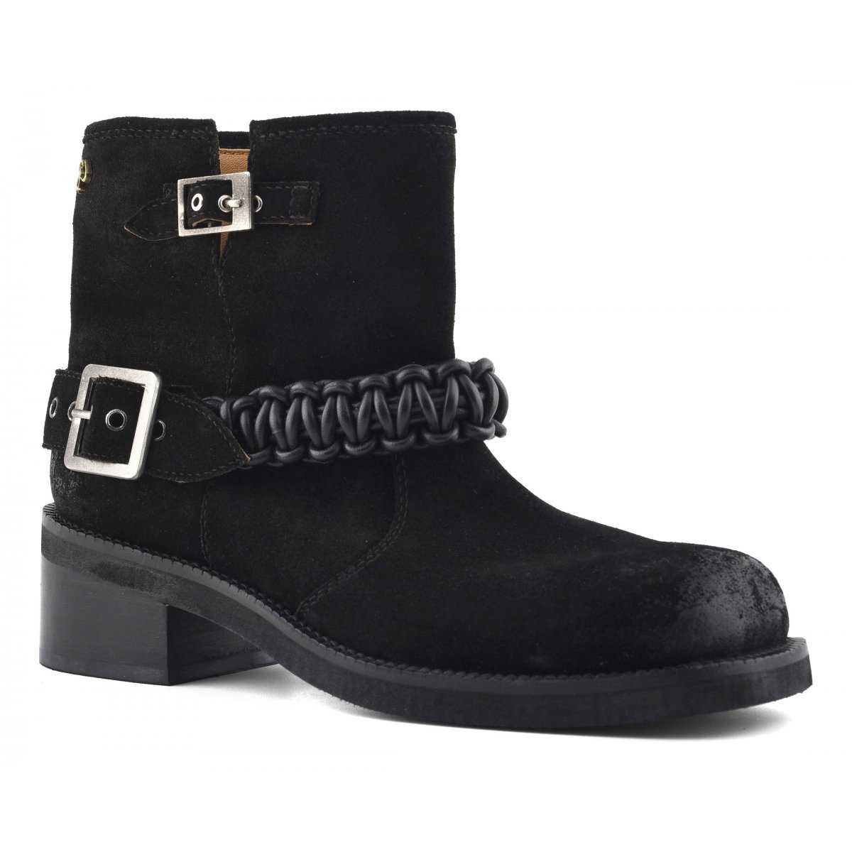 Stivaletto biker con cinturino in pelle intrecciata