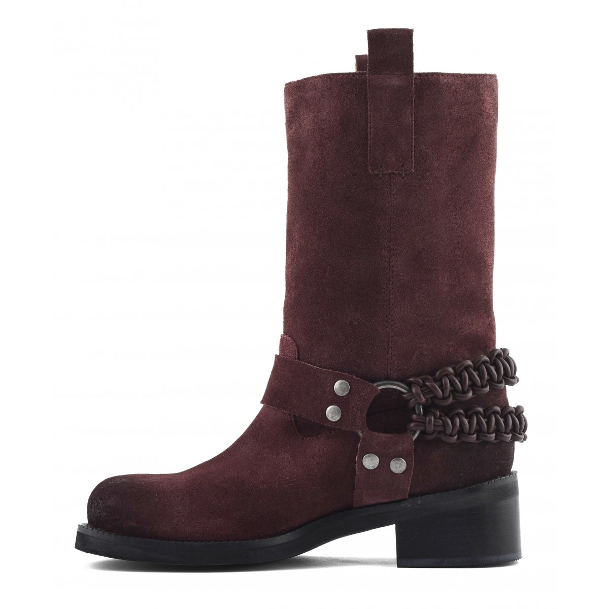 Stivale biker con cinturino in pelle intrecciata