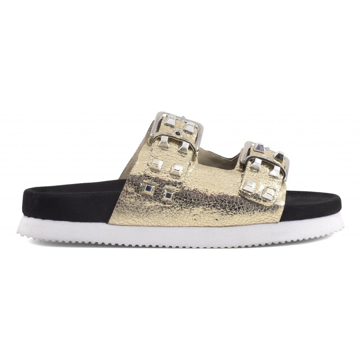 Sandali in pelle laminata con fibbie e borchie