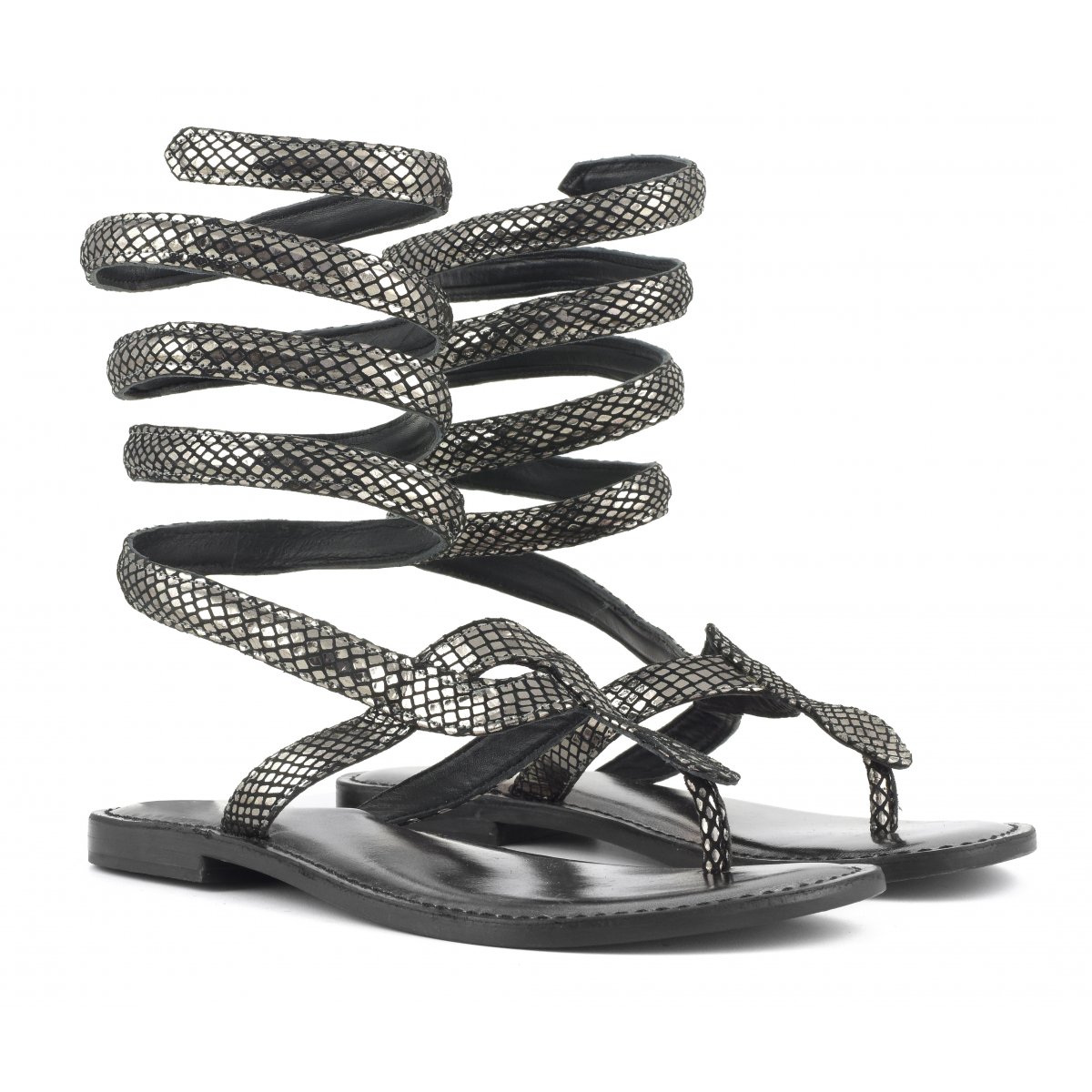 Sandalo wrap up infradito in pelle laminata