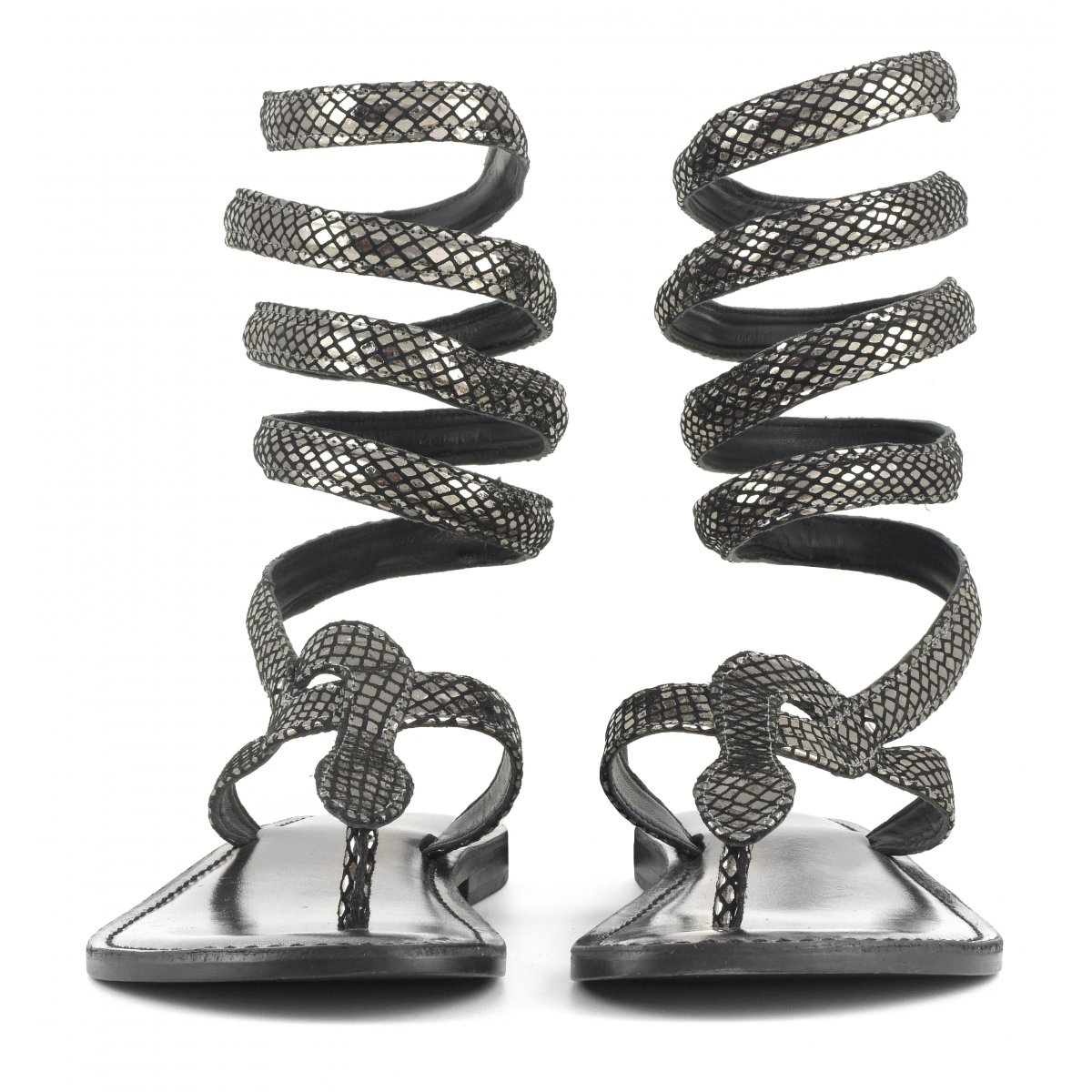 Sandalo wrap up infradito in pelle laminata