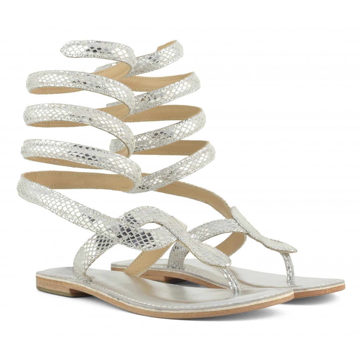 Sandalo wrap up infradito in pelle laminata