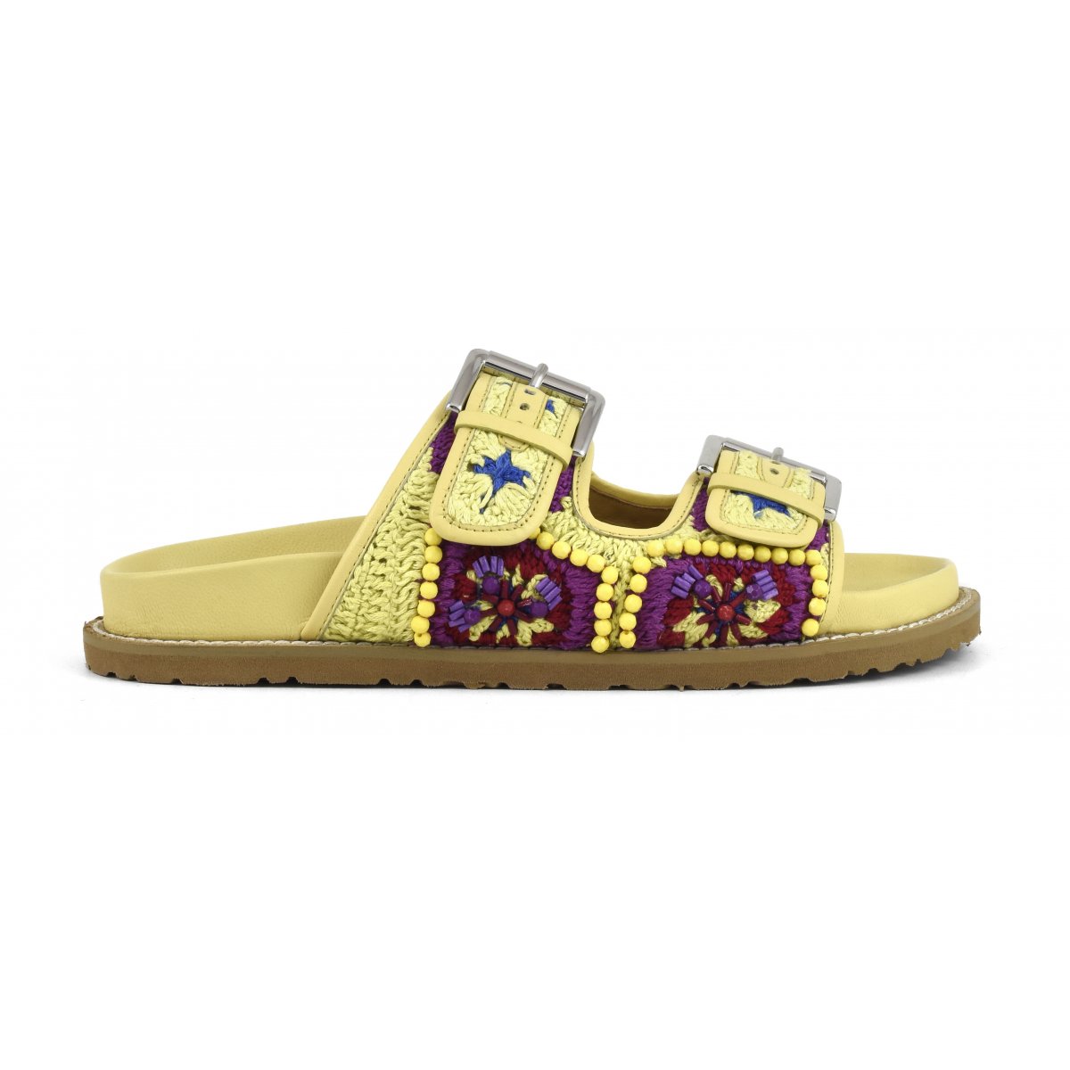 Sandalo con doppia fascia in crochet e fibbie