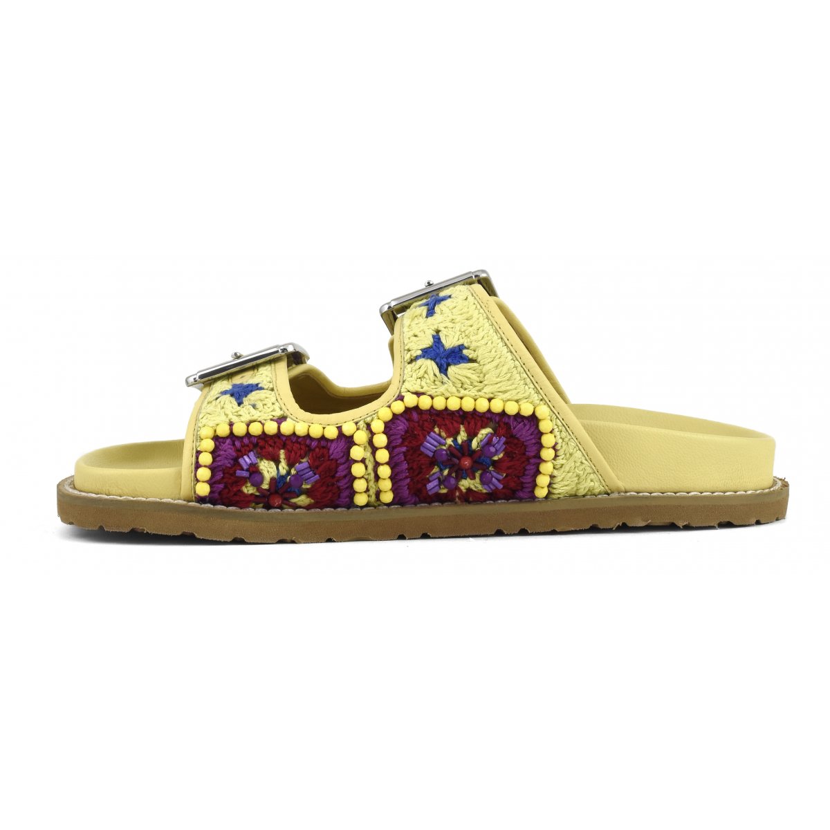 Sandalo con doppia fascia in crochet e fibbie