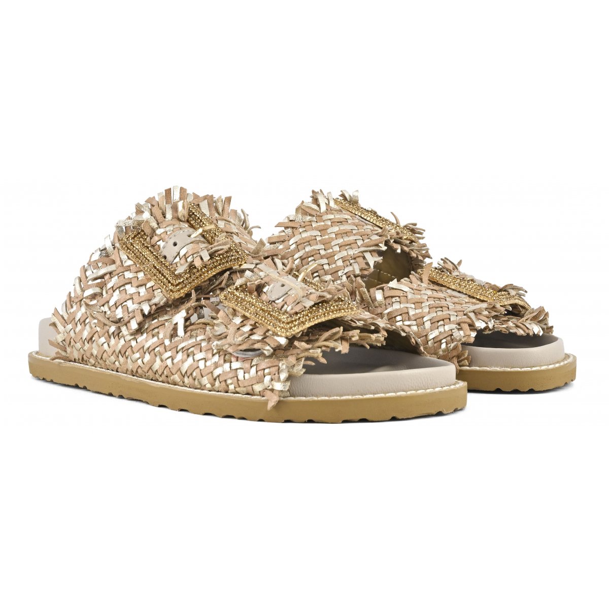 Sandalo pelle intrecciata fibbie gioiello