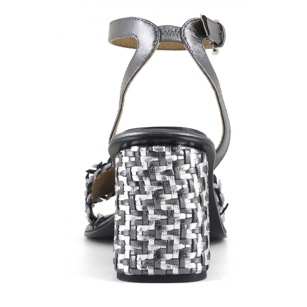 Sandalo con tacco pelle intrecciata con cinturino