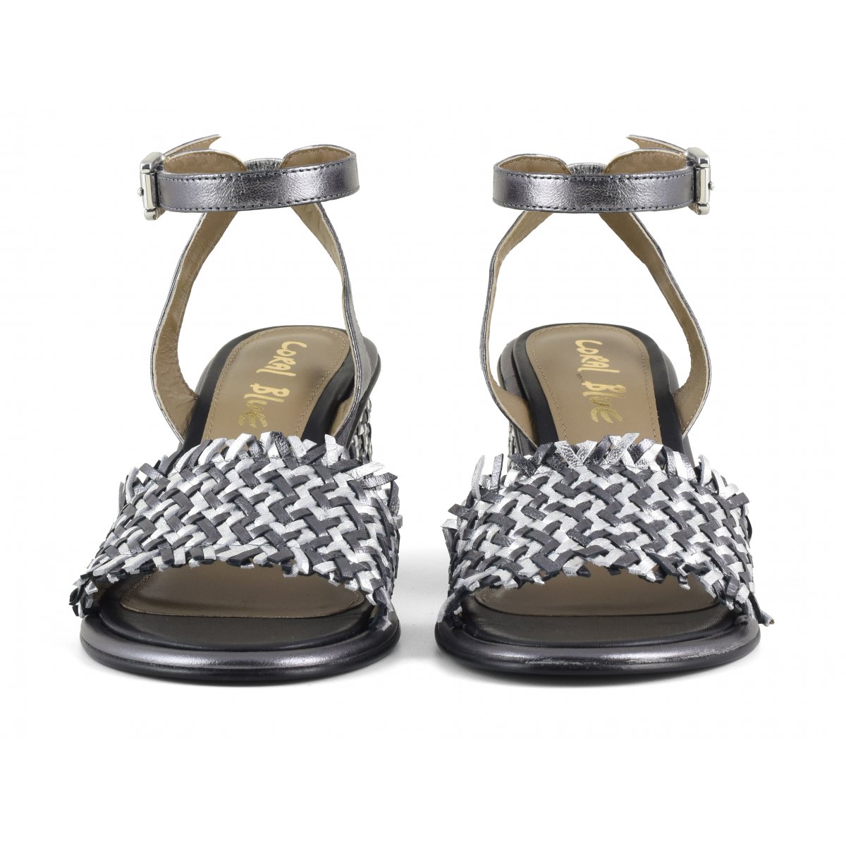 Sandalo con tacco pelle intrecciata con cinturino