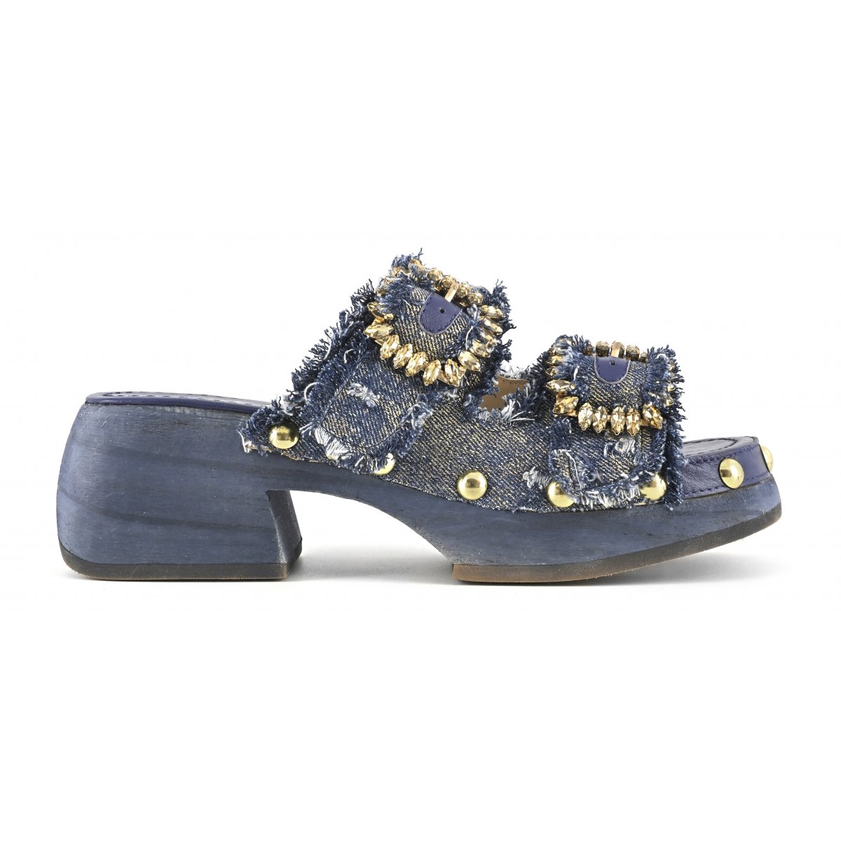 Zoccolo aperto in denim fibbie gioiello