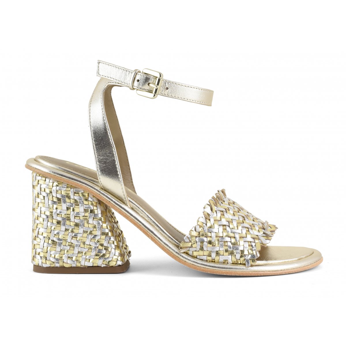 Sandalo con tacco pelle intrecciata con cinturino