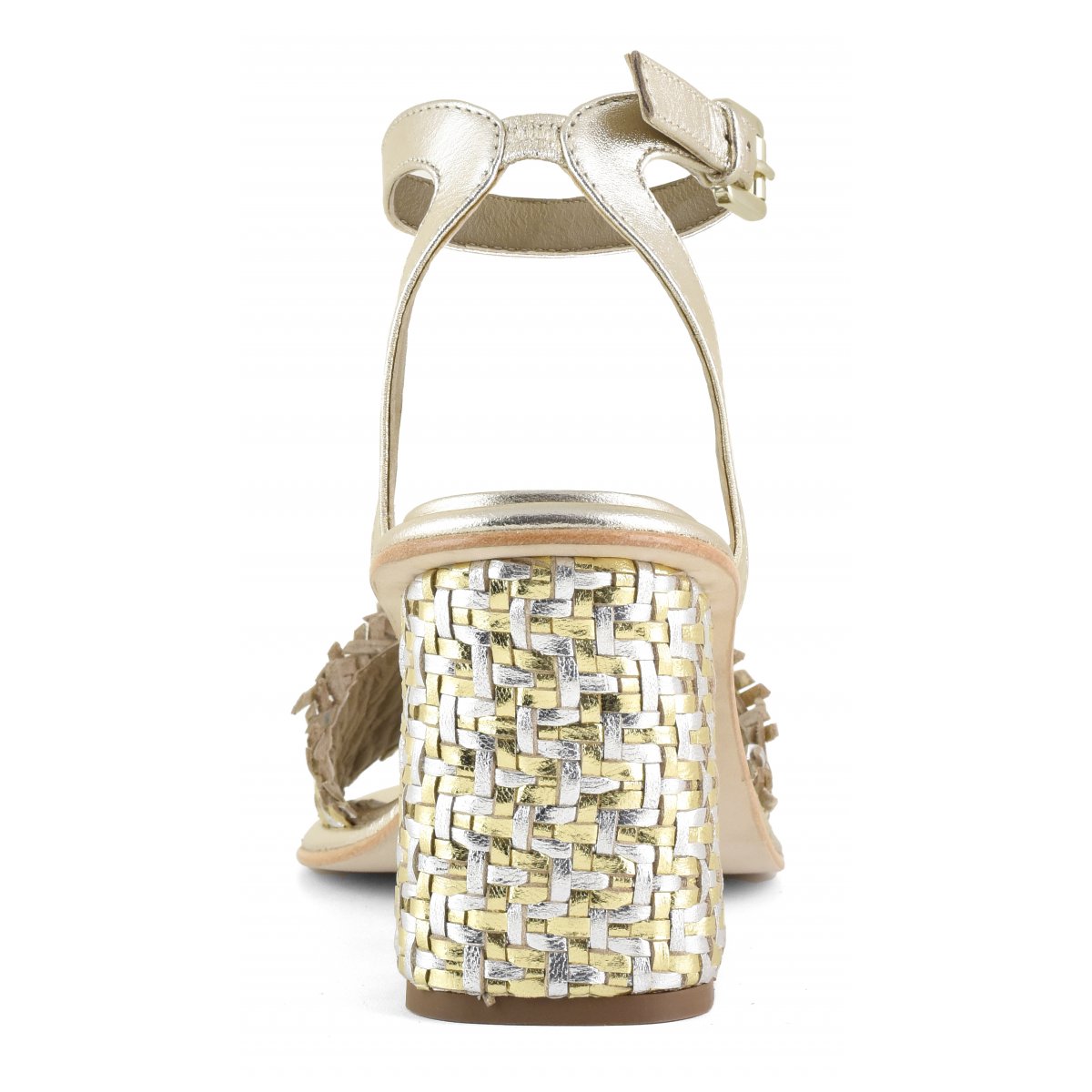 Sandalo con tacco pelle intrecciata con cinturino