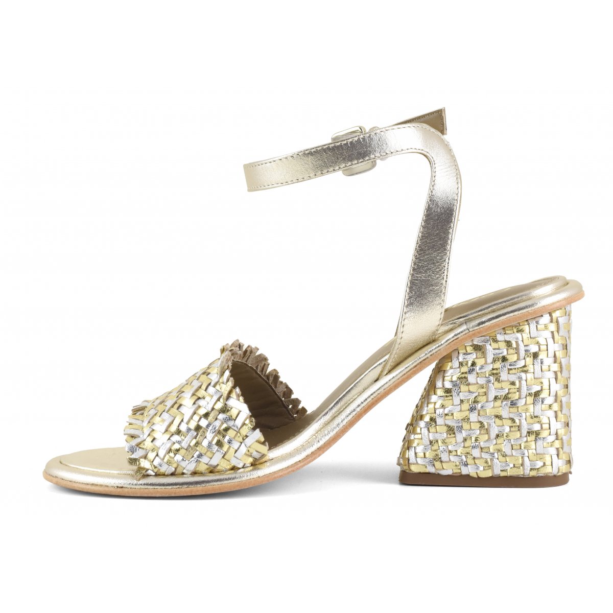 Sandalo con tacco pelle intrecciata con cinturino
