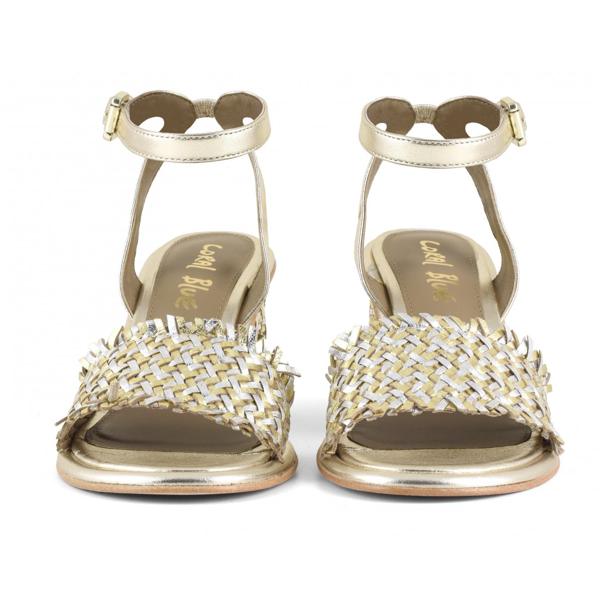 Sandalo con tacco pelle intrecciata con cinturino