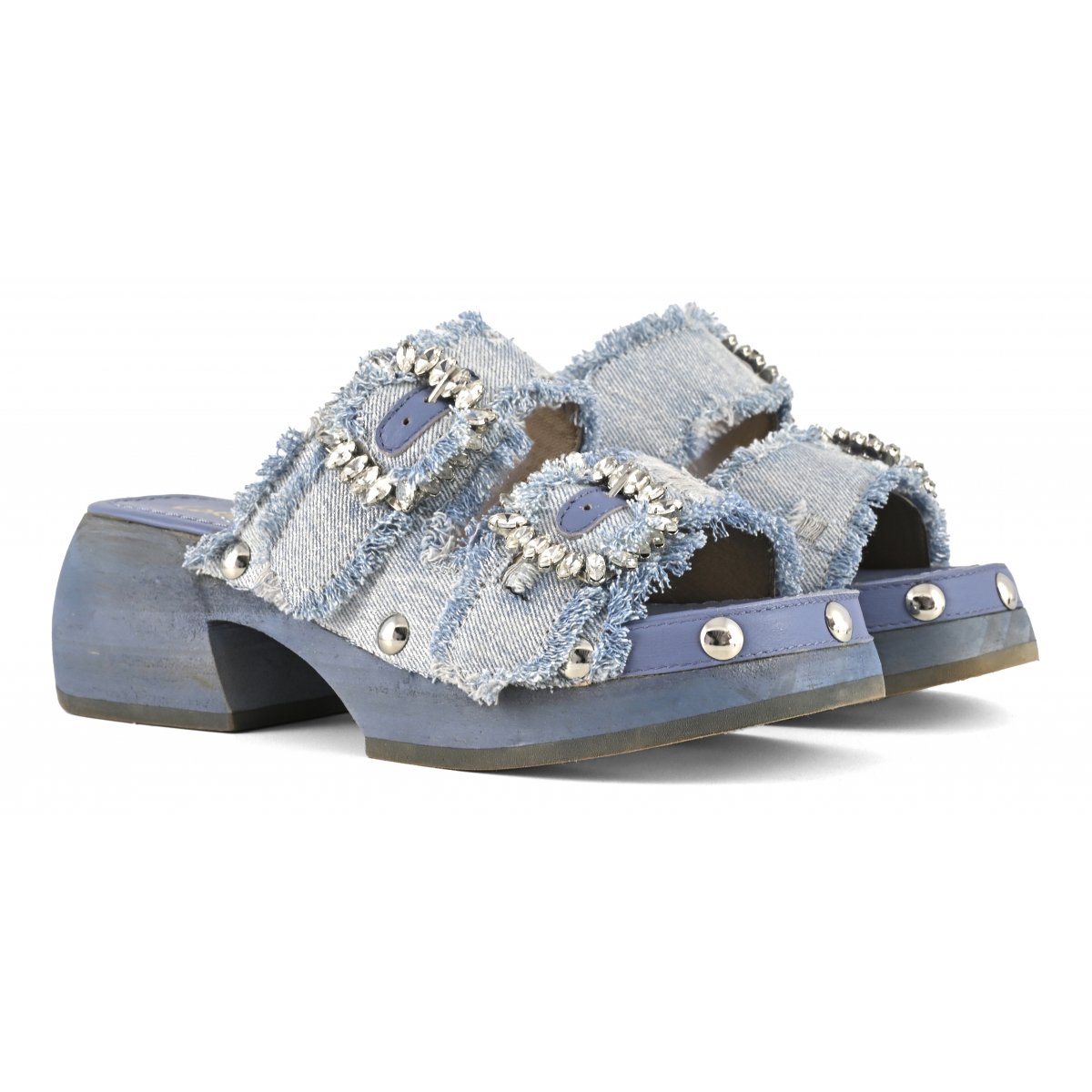 Zoccolo aperto in denim fibbie gioiello