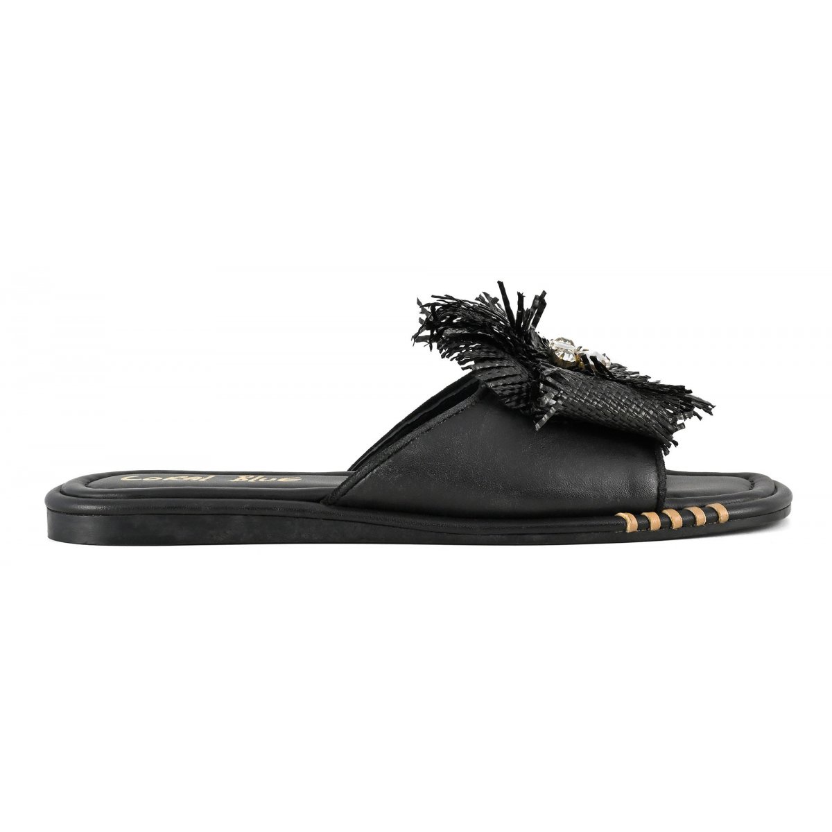 Sandalo in pelle con fiore in rafia