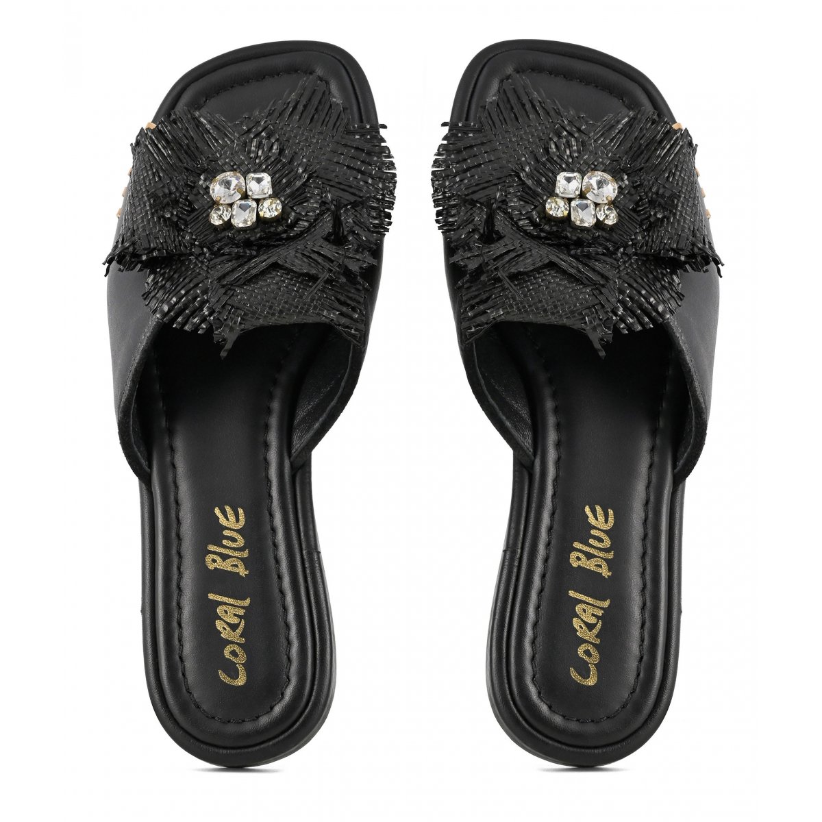 Sandalo in pelle con fiore in rafia
