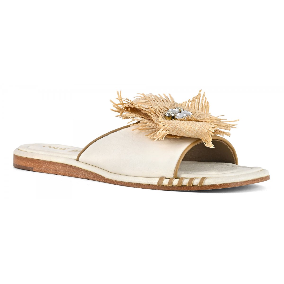 Sandalo in pelle con fiore in rafia