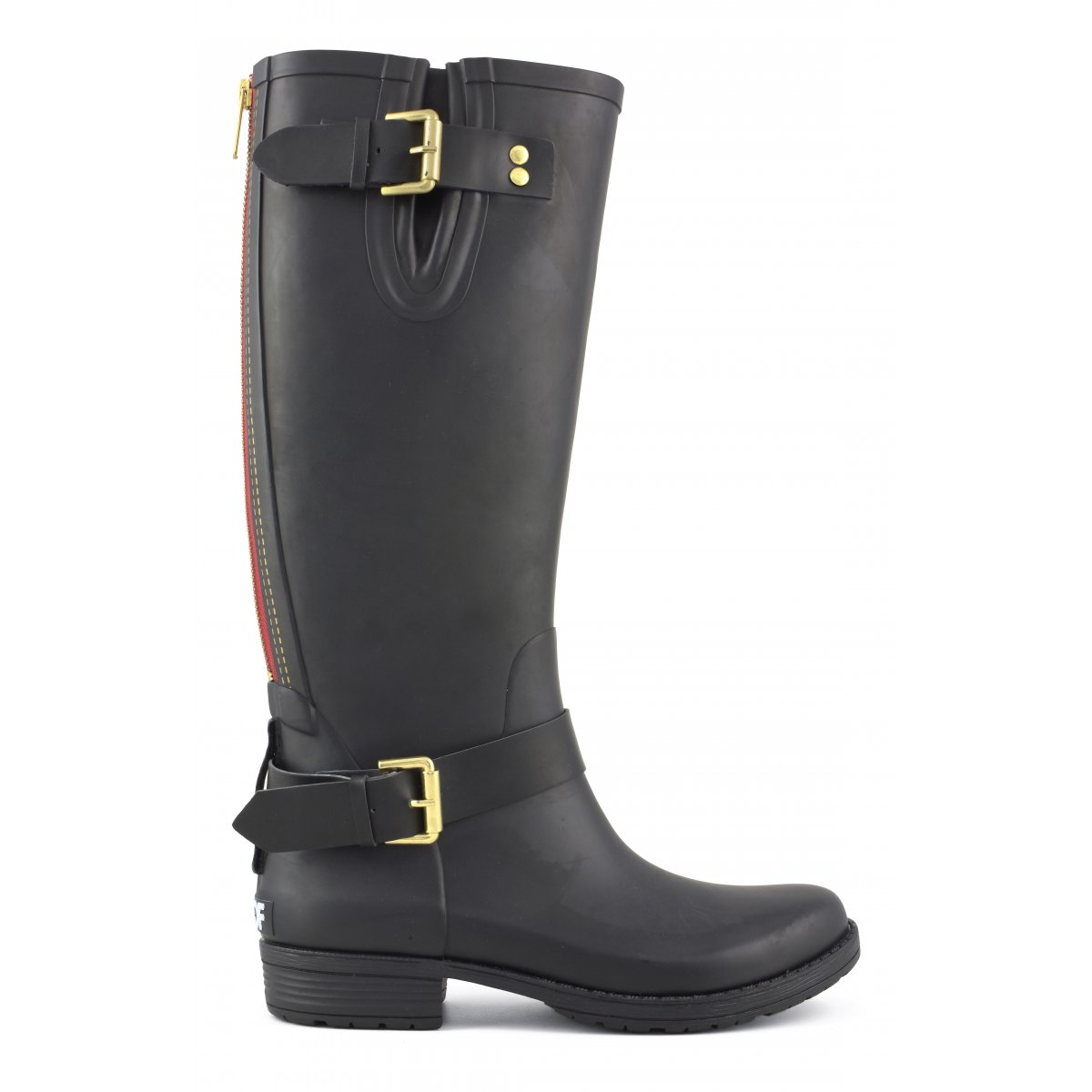 Knee length rubber rain boot with rear 