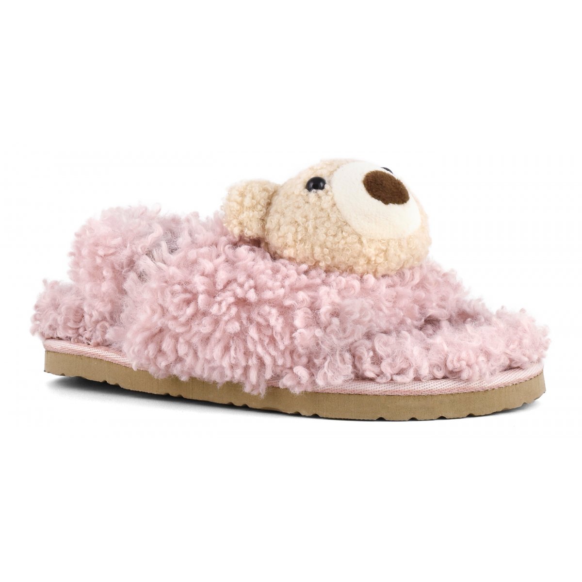 Slippers en fourrure avec petit ours en peluche et fermeture derrière le talon