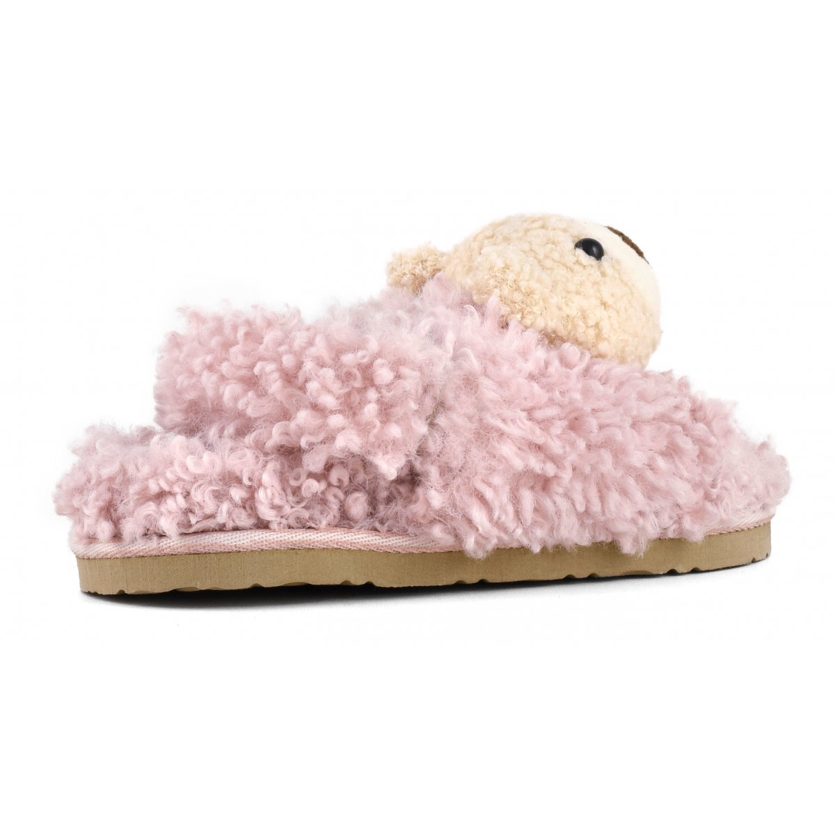 Slippers en fourrure avec petit ours en peluche et fermeture derrière le talon