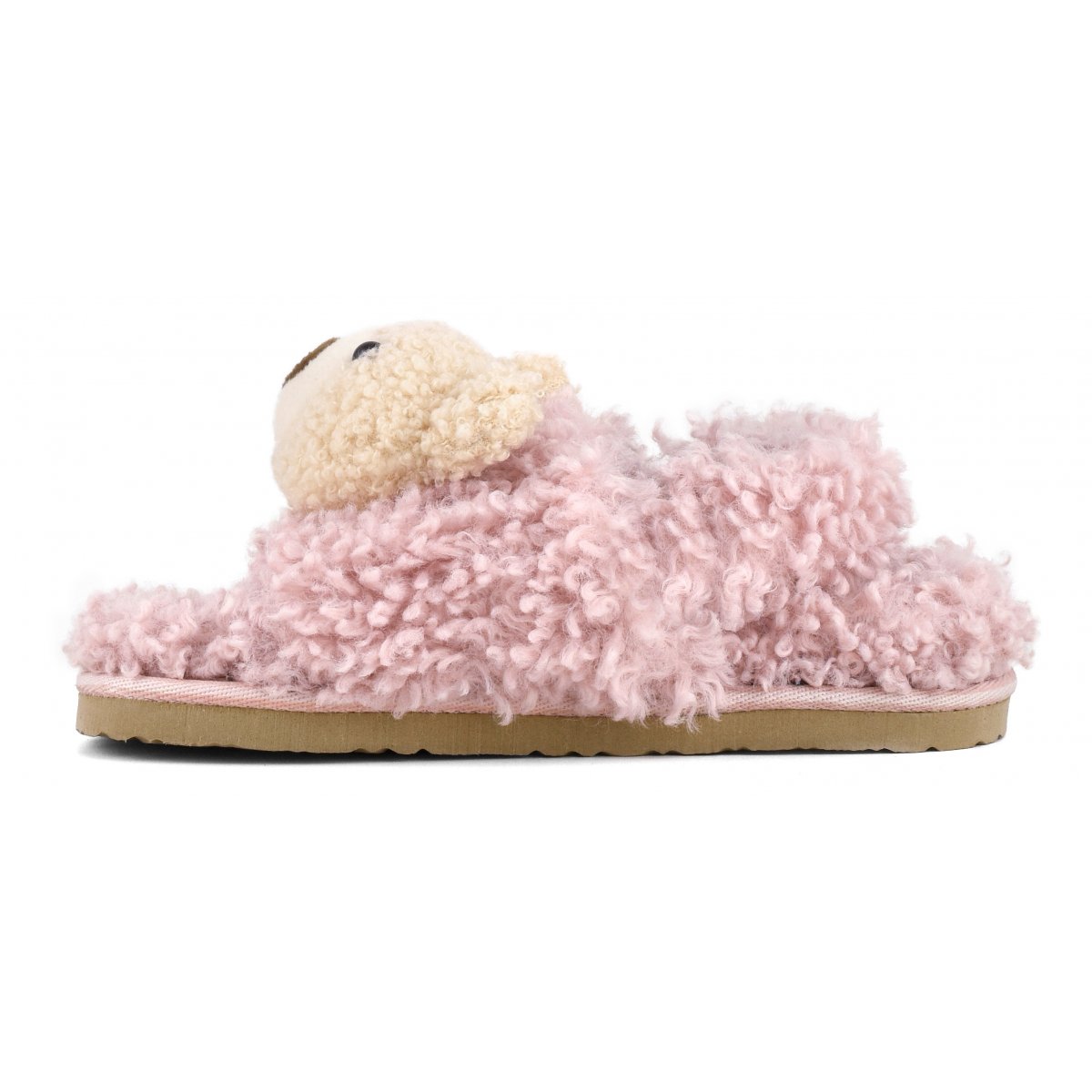 Slippers en fourrure avec petit ours en peluche et fermeture derrière le talon