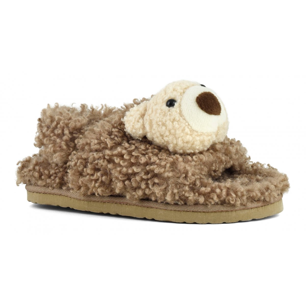 Slippers en fourrure avec petit ours en peluche et fermeture derrière le talon