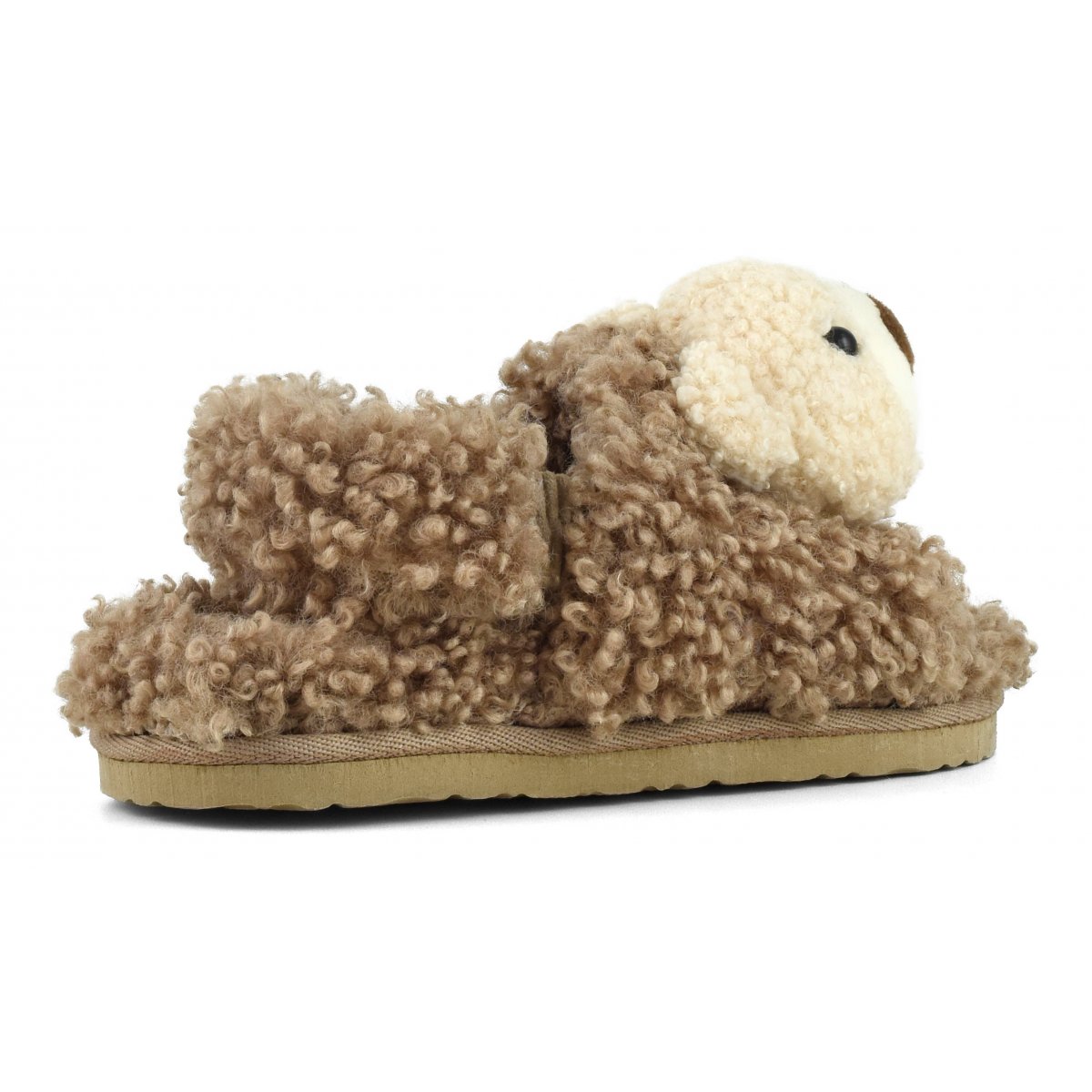 Slippers en fourrure avec petit ours en peluche et fermeture derrière le talon