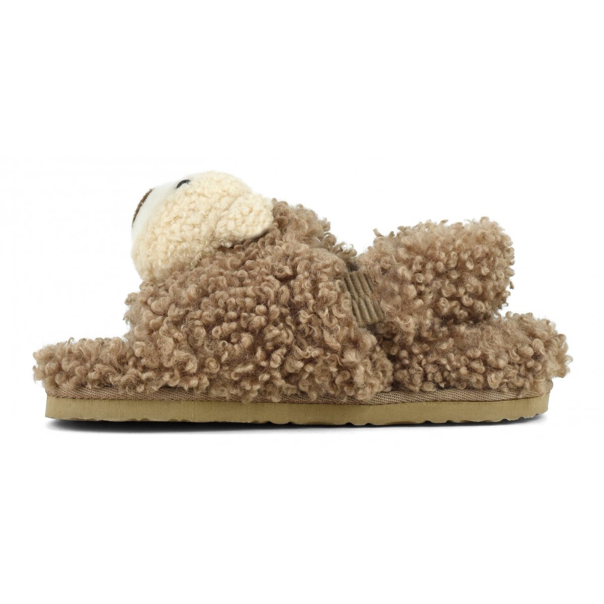 Slippers en fourrure avec petit ours en peluche et fermeture derrière le talon