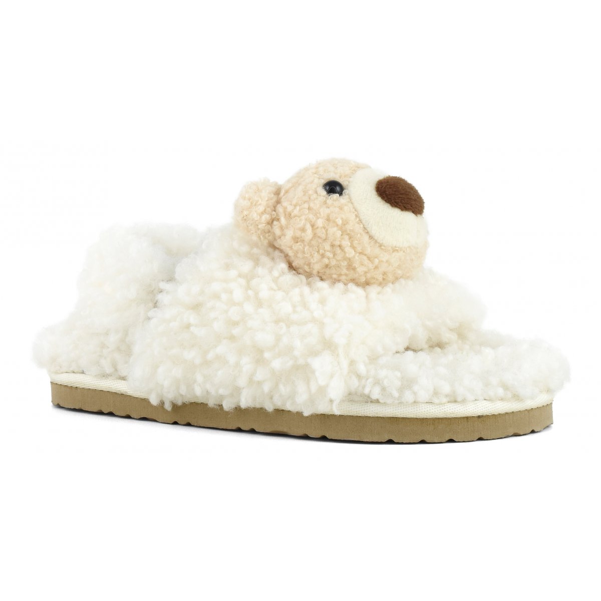 Slippers en fourrure avec petit ours en peluche et fermeture derrière le talon