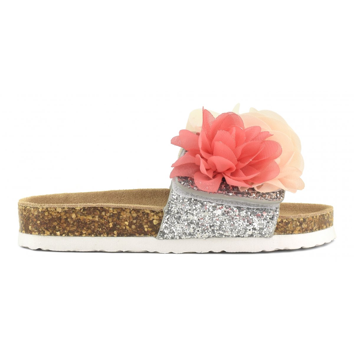 Slide bimbo con tomaia glitter, mix fiori multicolore e soletto in camoscio