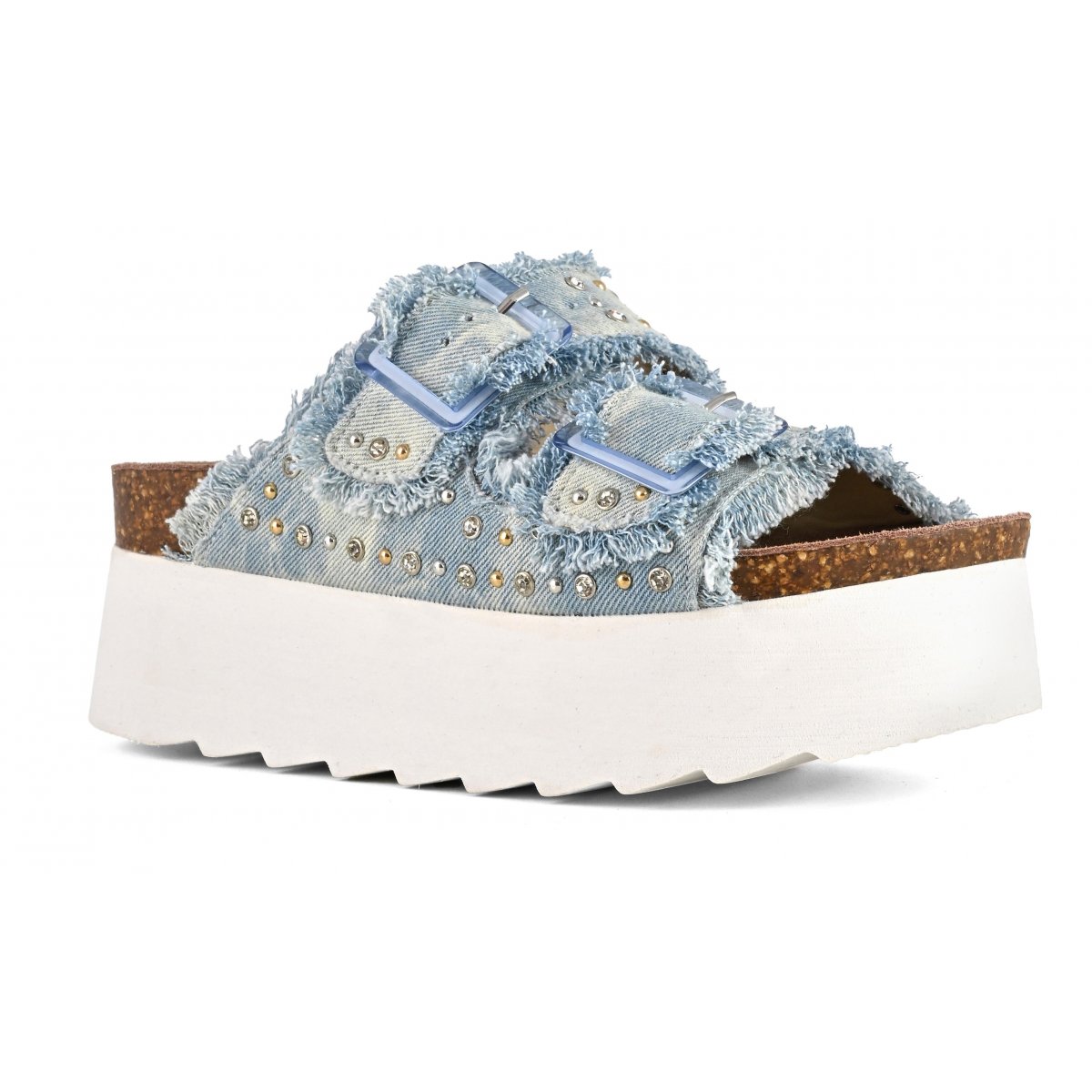 Sandales avec plateforme en denim avec strass