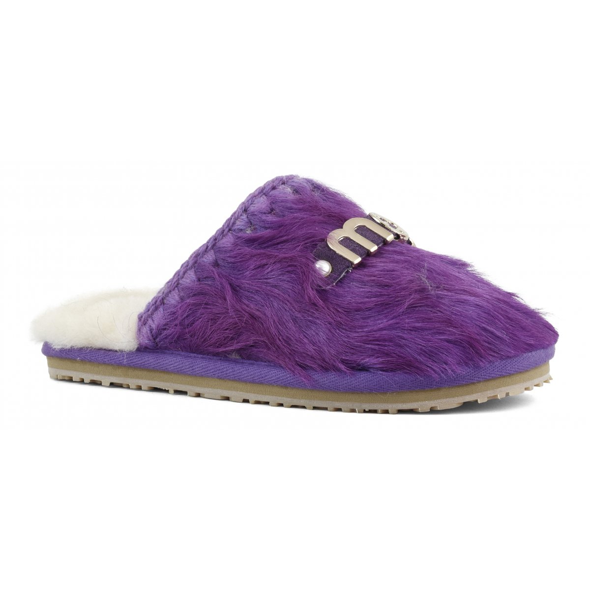 Mou - Closed toe fur slipper with logo long hair ponyskin