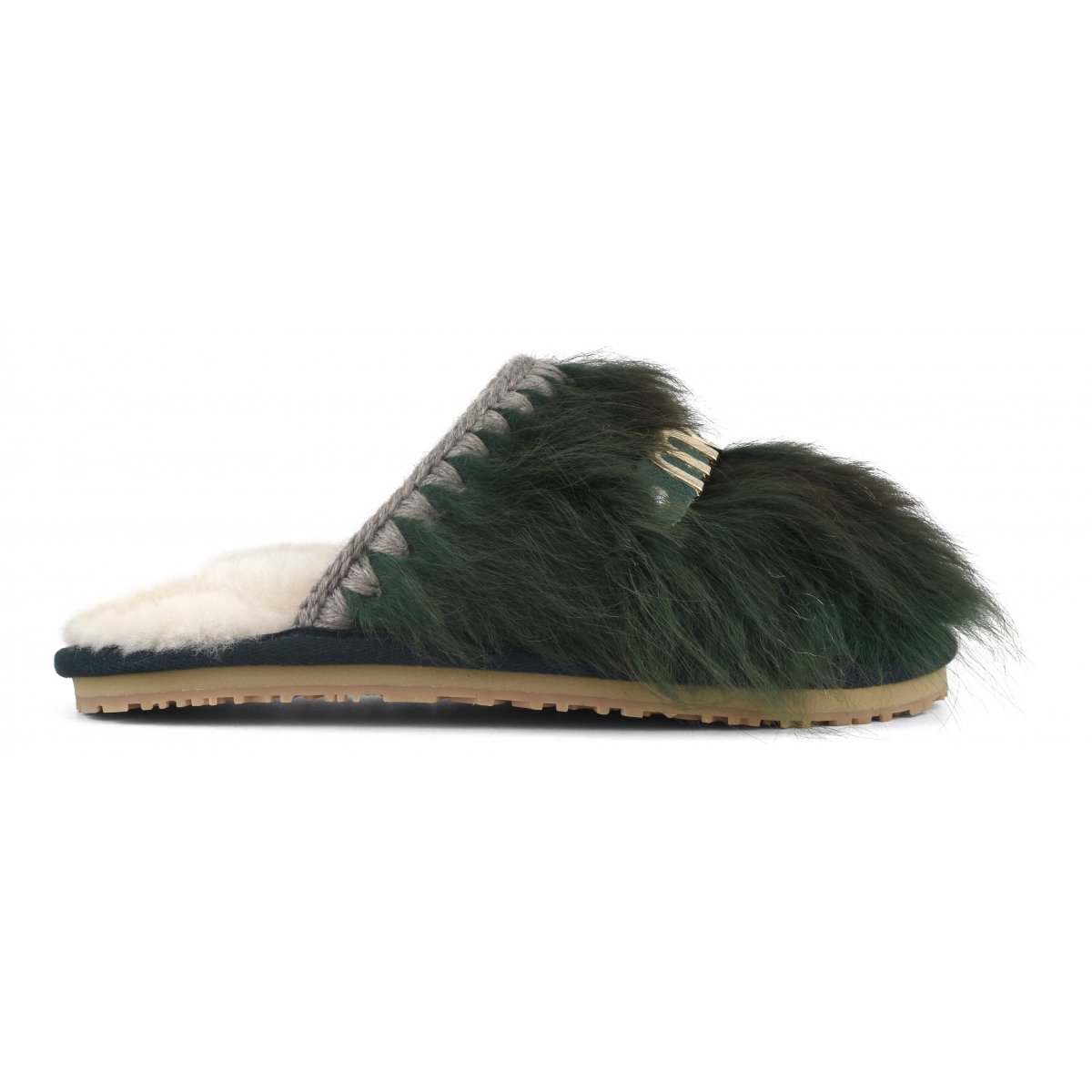 Closed toe fur slipper with logo long hair ponyskin LHPGRE img 1
