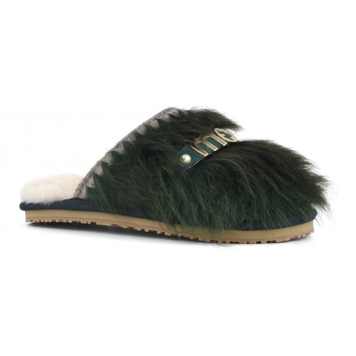 Closed toe fur slipper with logo long hair ponyskin LHPGRE img 2