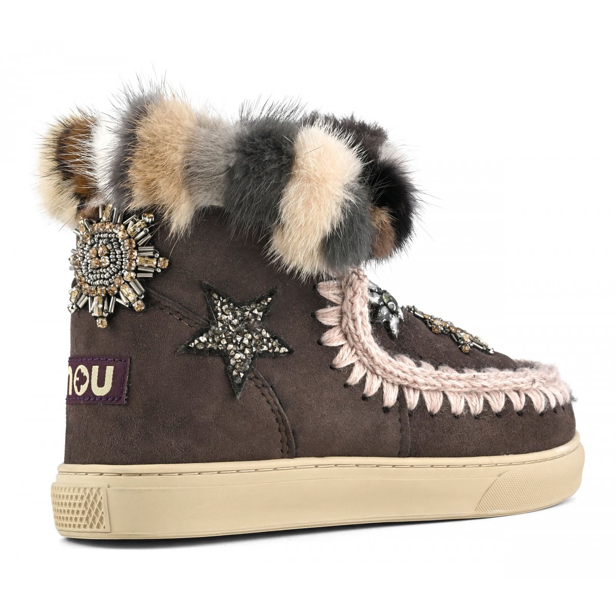 Eskimo sneaker star patches &amp; mink fur trim MOCHA img 3