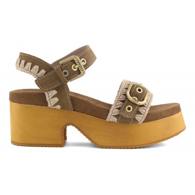 High heel wood clog with buckle NUTBR